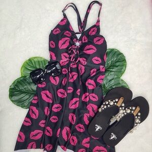 Off the Shoulder Black and Fuschia Leopard Print one Piece Swimsuit
